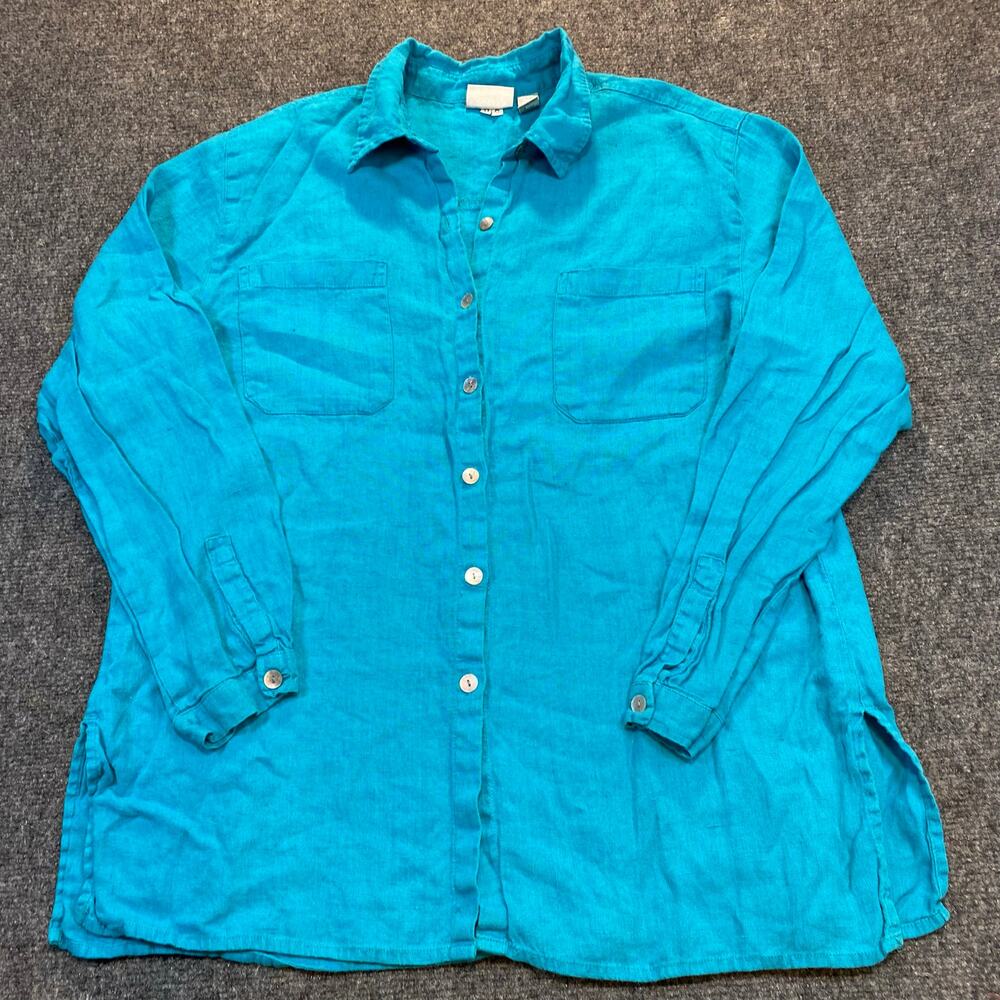 Chicos Design Womens Large Turquoise Blue 100% Linen Button Down Shirt Tunic Top